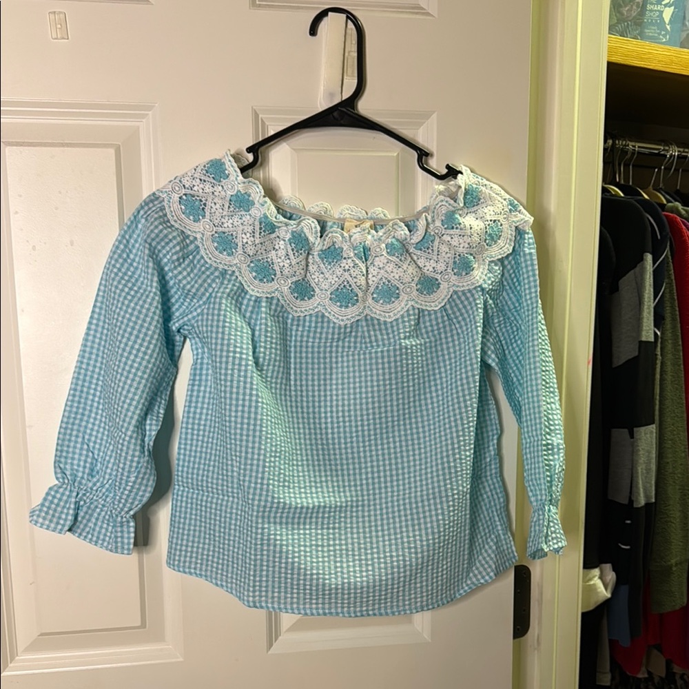 Hayden Girls Blue Gingham Top with Lace Detail - Picture 1 of 3